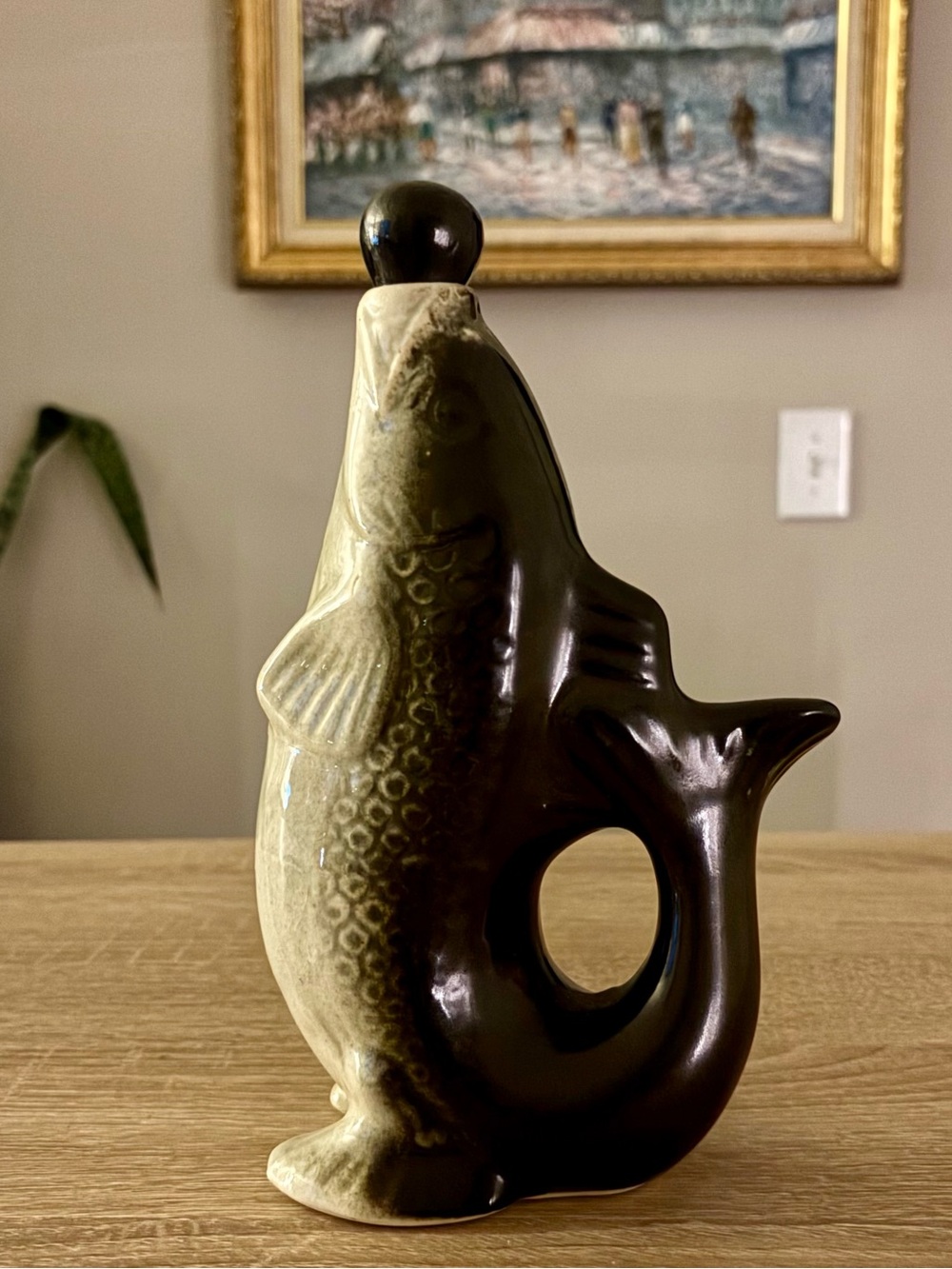 Vintage Handmade Ceramic Fish Pitcher / Decanter in Olive Green and Dark Brown